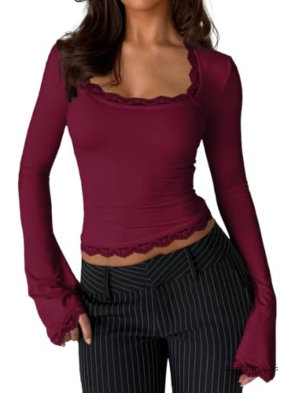 Lace Trim Square Neck Long Sleeve Crop Top Stretchy Slim Fit Y2K Blouse - Picture 1 of 5